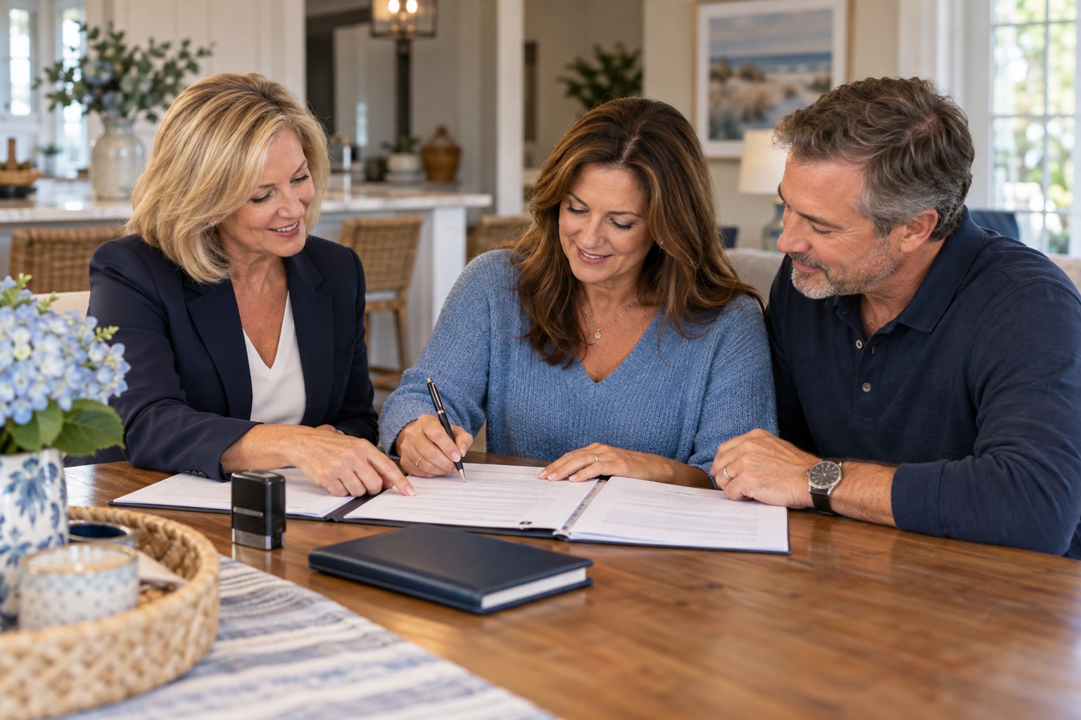 Illustrative scene of a mobile notary helping a couple sign documents at their kitchen table